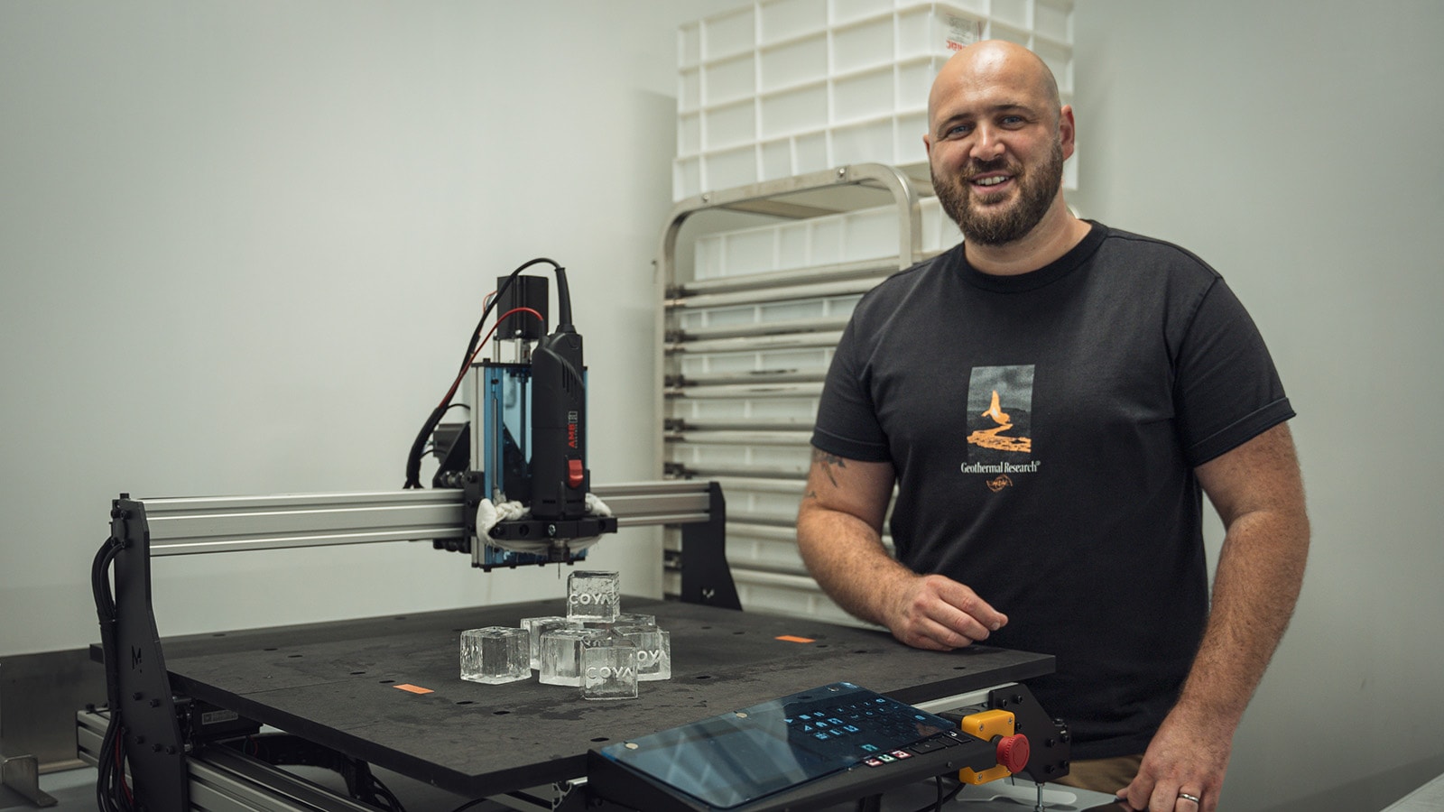 Icecube company manager and his Mekanika Evo CNC and customised branded ice cubes for cocktails